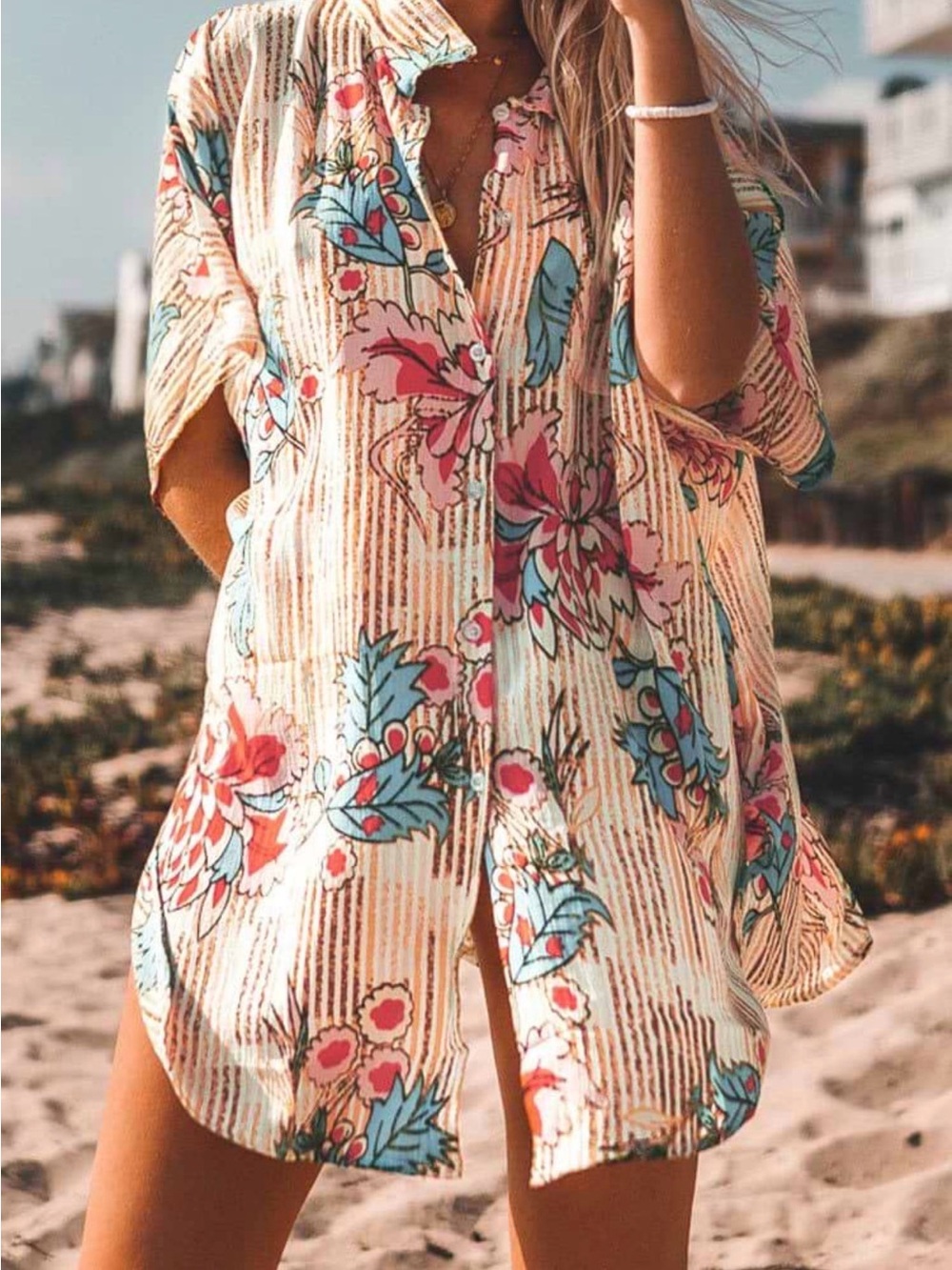 Women’s Floral Beach Cover-Up Shirt Dress - Pink & Blue
